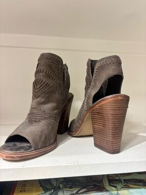 Vince Camuto Taupe Suede Peep-Toe Stacked Heel Booties